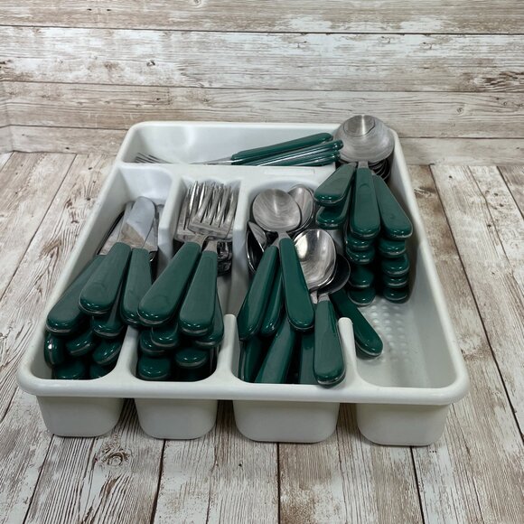 Vintage ONEIDA 55 Pc Lot Green Plastic Handle Utensil Stainless Steel Flatware - Picture 2 of 12